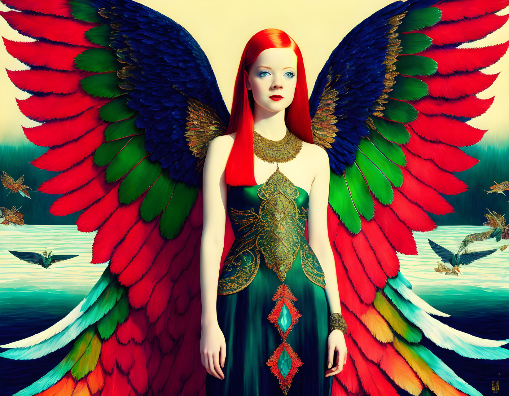 Vibrant surreal image of a woman with red and green wings in dreamlike setting