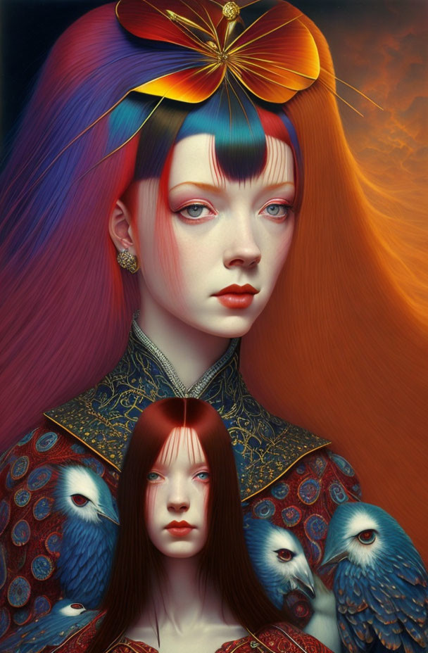 Multicolored hair woman in traditional attire with mirrored face and blue birds