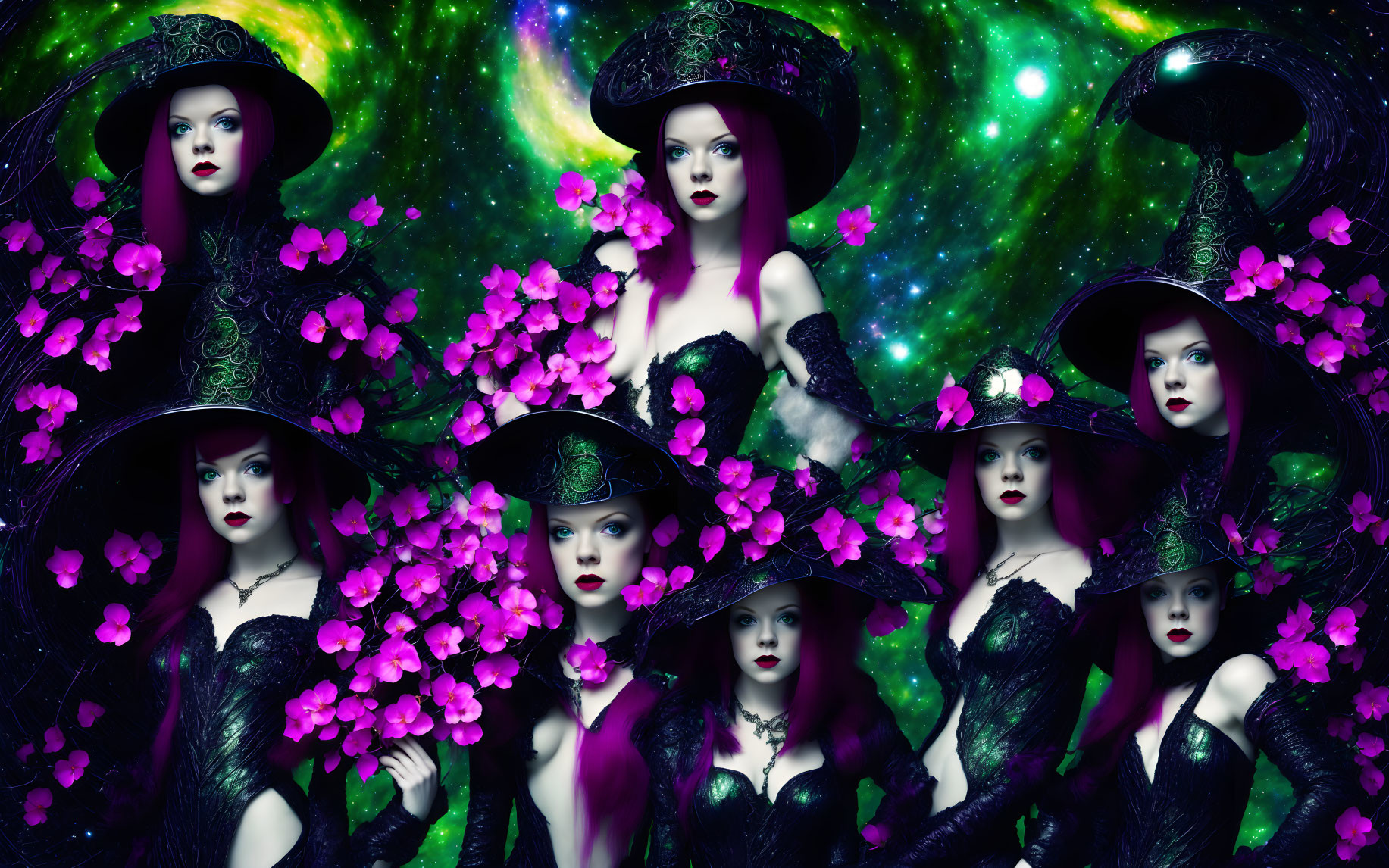 Identical Female Figures in Black Dresses & Hats Against Galaxy Background