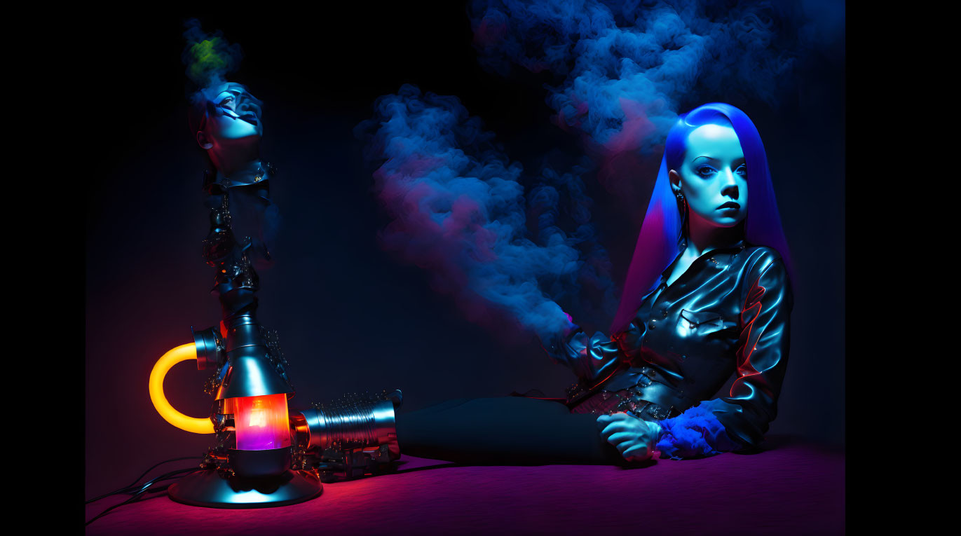 Futuristic blue-skinned woman with hookah in colorful setting