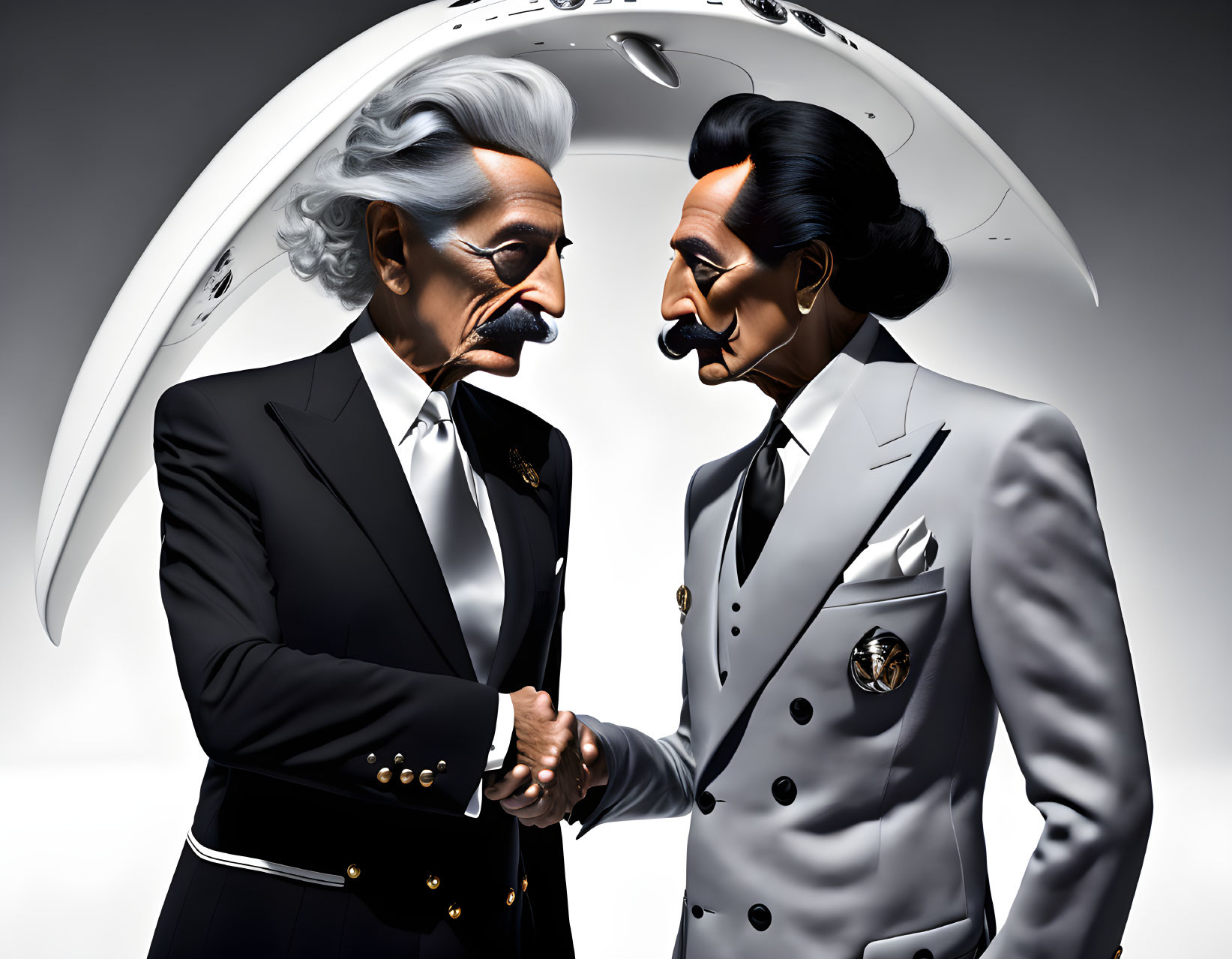 Stylized animated figures of historical figures shaking hands