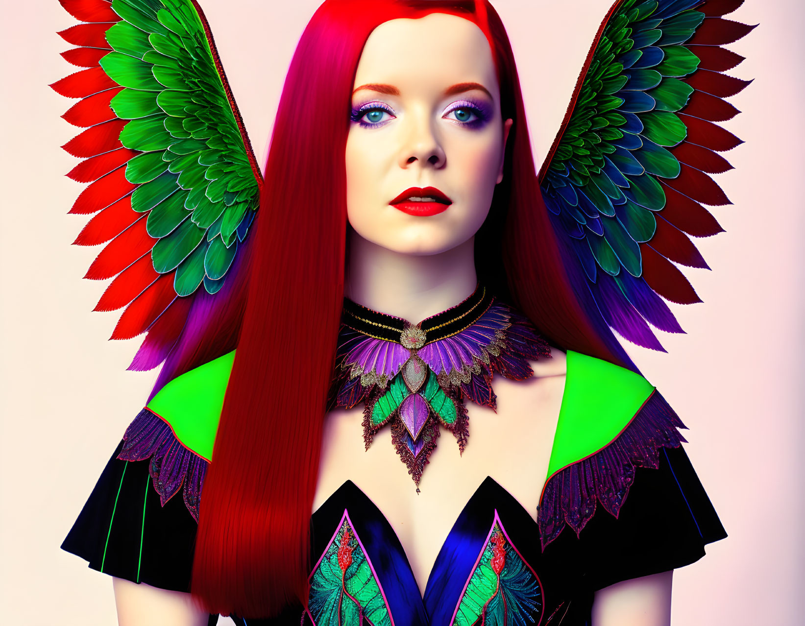 Vibrant red hair woman with bird wings in dark dress and necklace