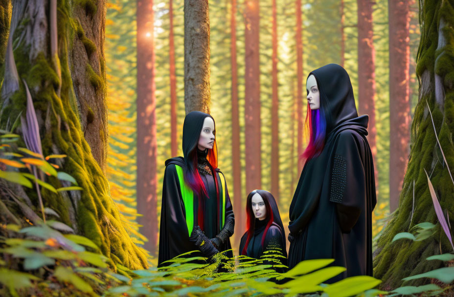 Three figures in dark cloaks in lush mossy forest with tall trees and golden light.
