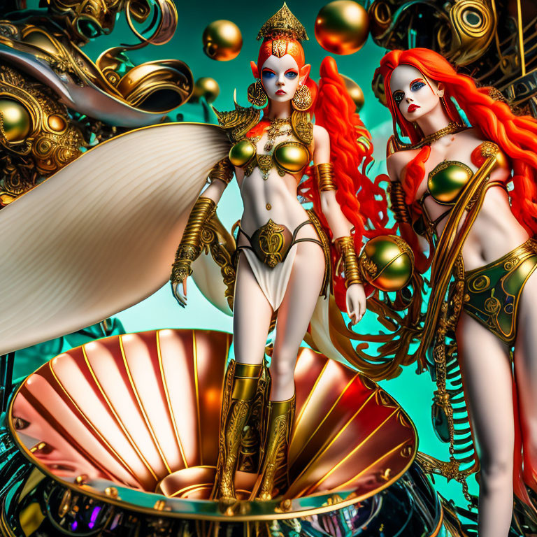 Fantastical female figures with red hair in gold and white costumes