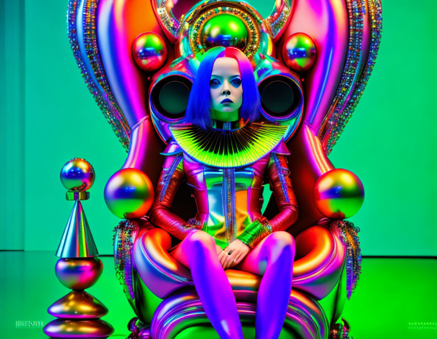 Blue-haired person on futuristic throne with glossy orbs against green background