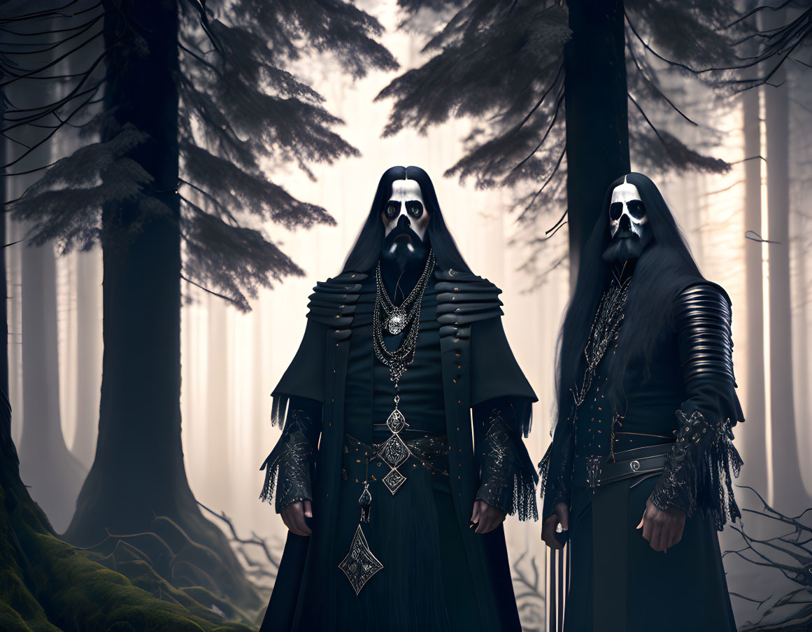 Mysterious figures in dark robes and skull masks in misty forest