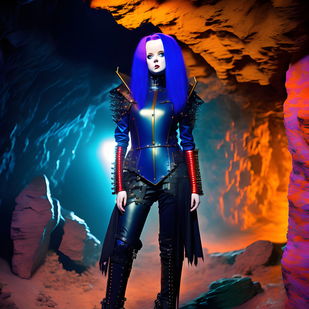Vibrant blue-haired woman in futuristic armor in orange-and-blue lit cave