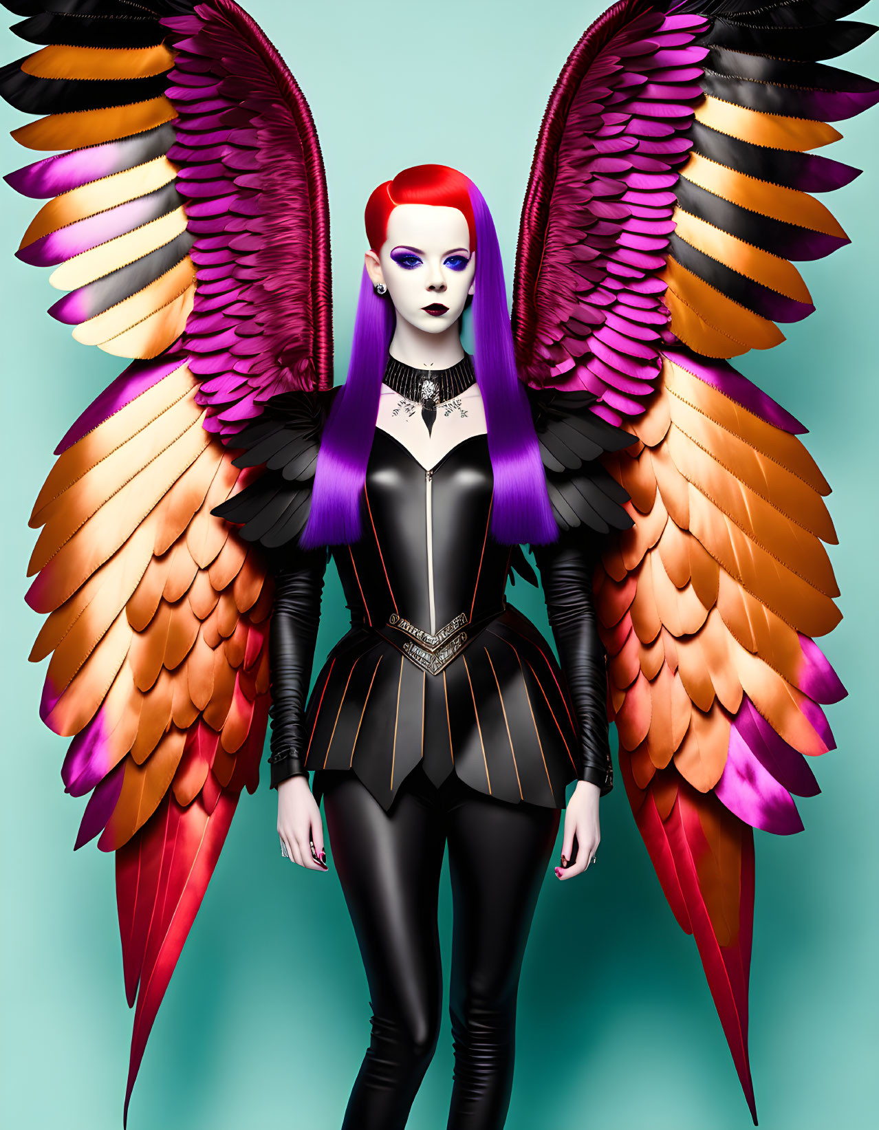 Colorful winged figure with red hair and white skin in black outfit on teal backdrop