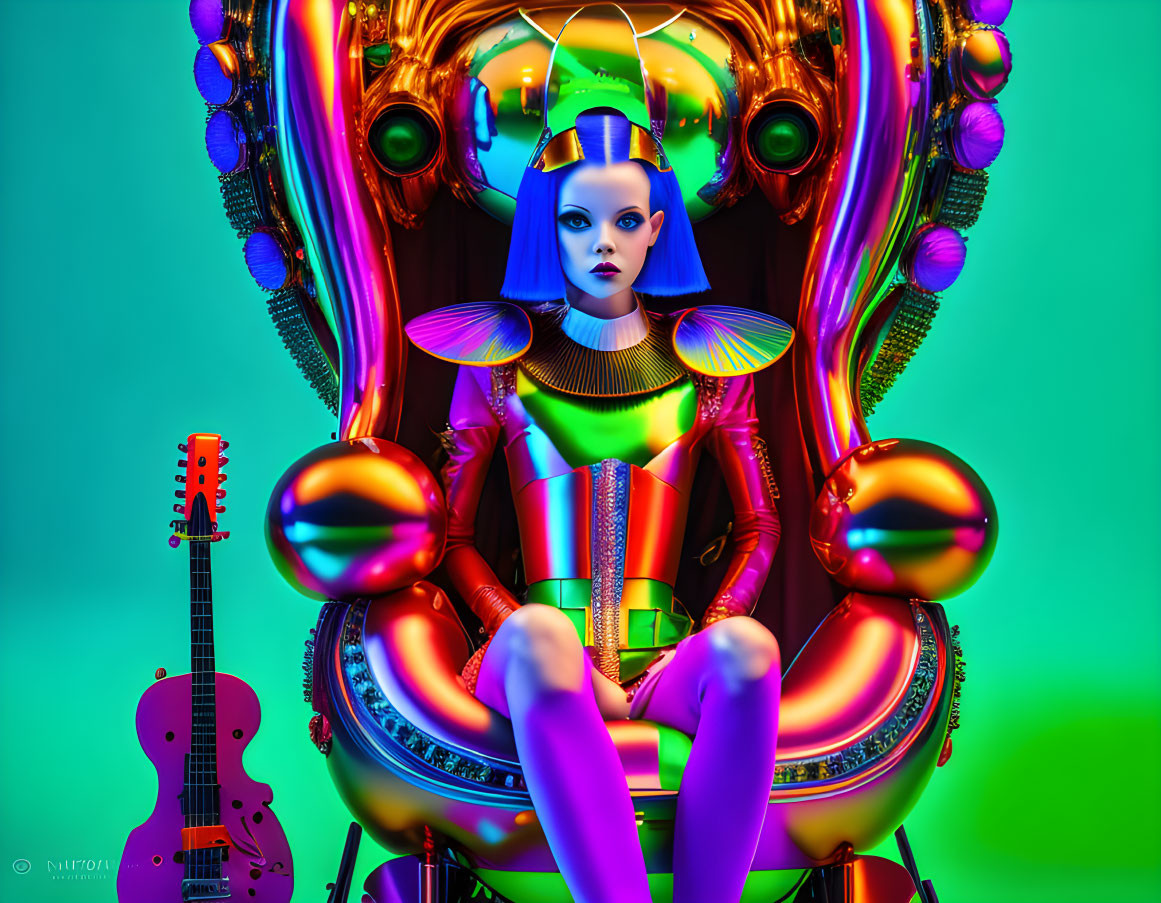 Colorful Futuristic Digital Artwork with Female Figure in Robotic Chair