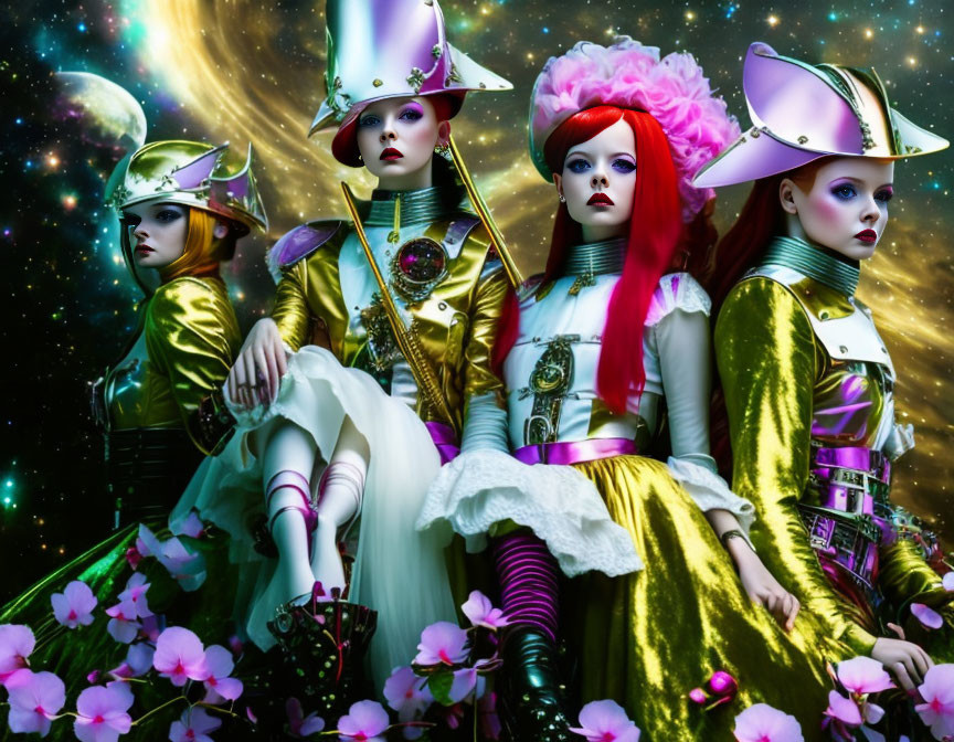 Futuristic baroque costume models in metallic finishes with vibrant wigs and floral backdrop.