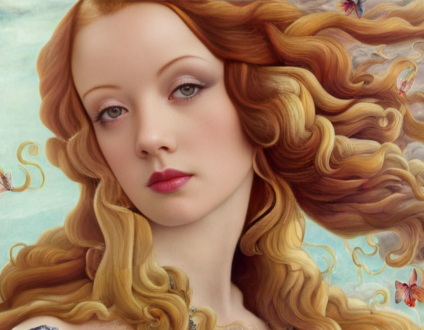 Detailed digital artwork: Woman with auburn hair and butterflies