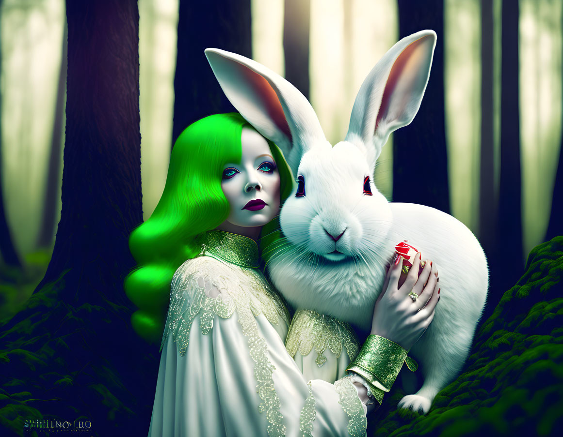 Vibrant green-haired woman embraces large white rabbit in mystical forest