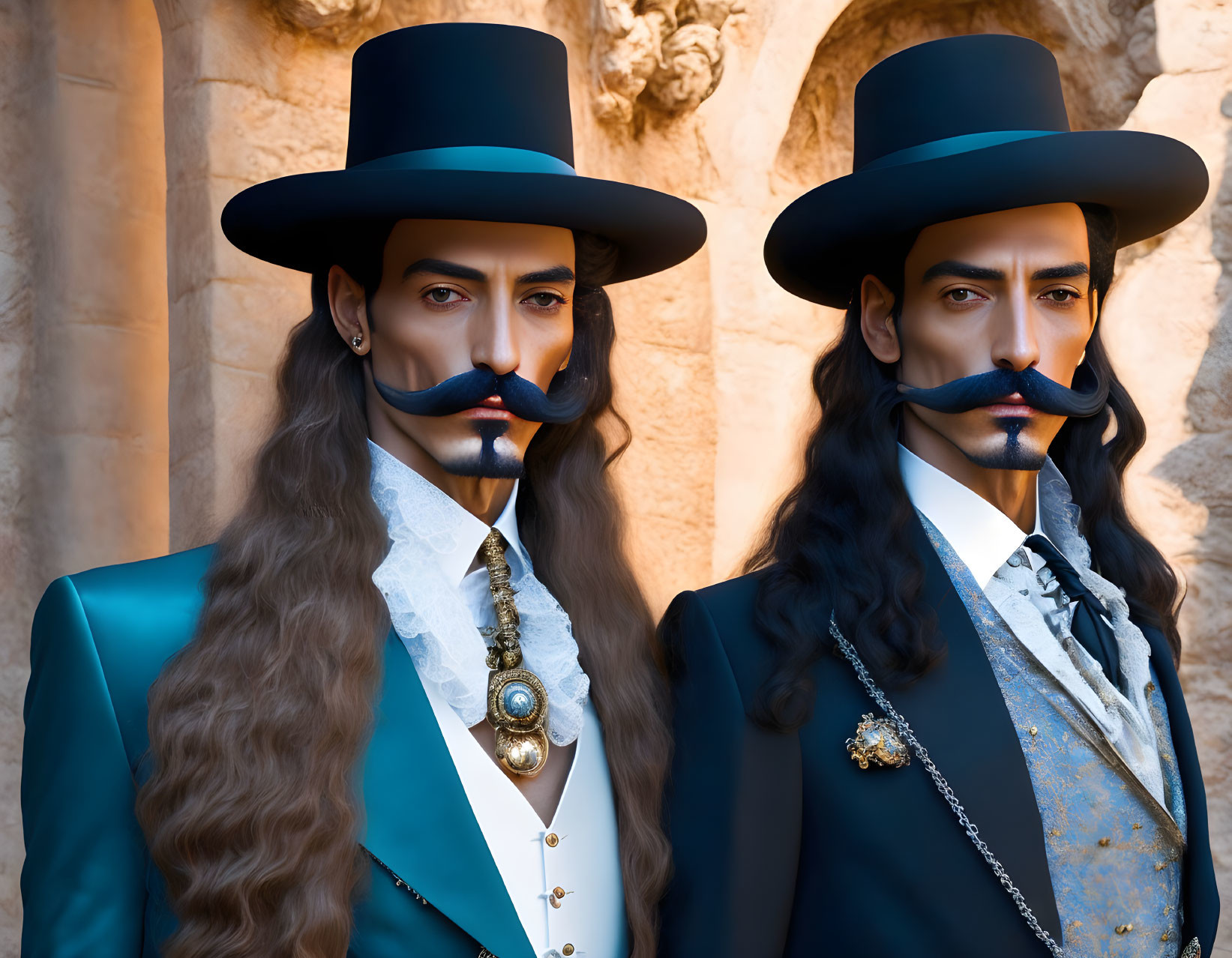 Elaborately costumed individuals with top hats, wigs, and stylized mustaches