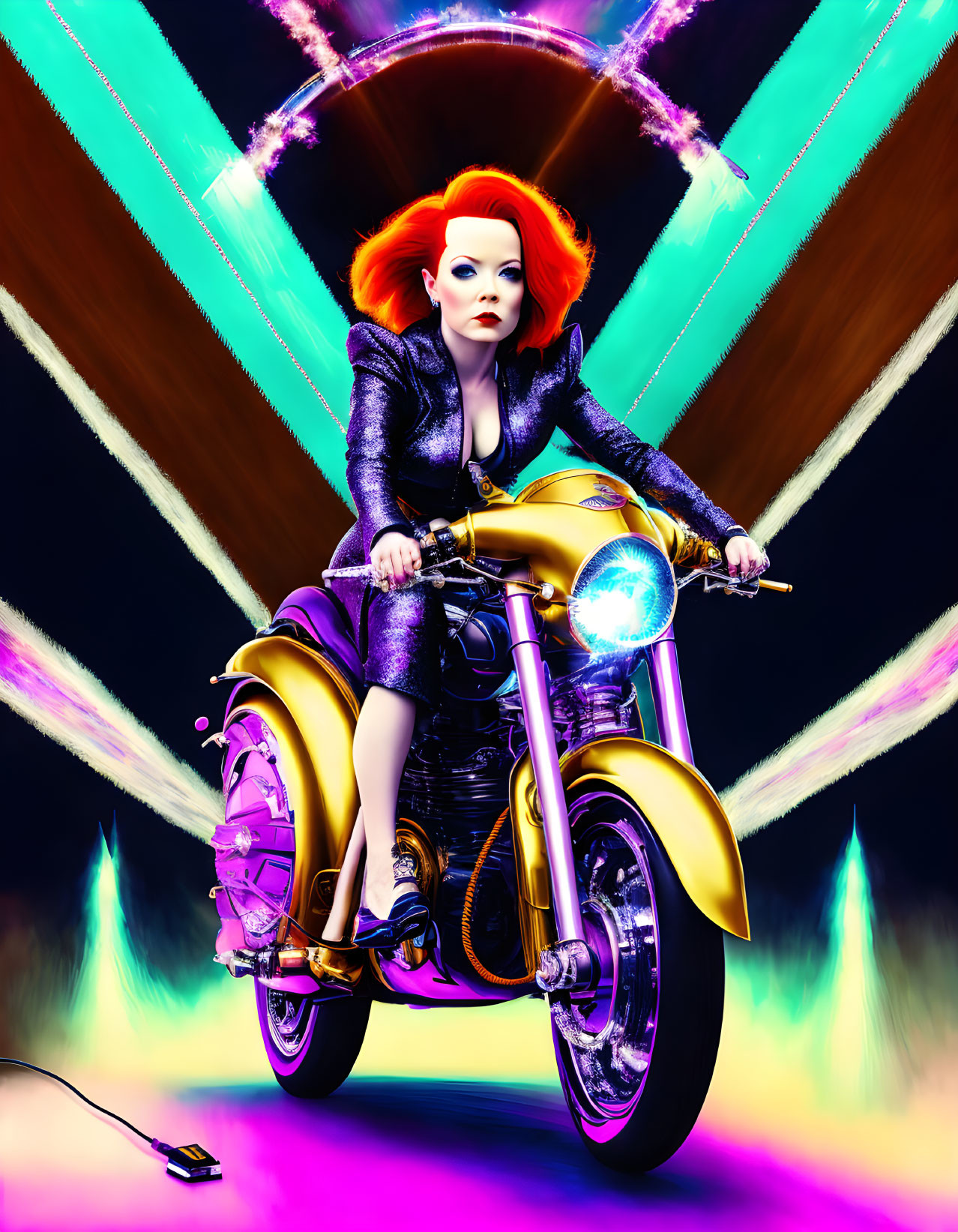 Character with orange hair on golden motorcycle in neon-lit scene