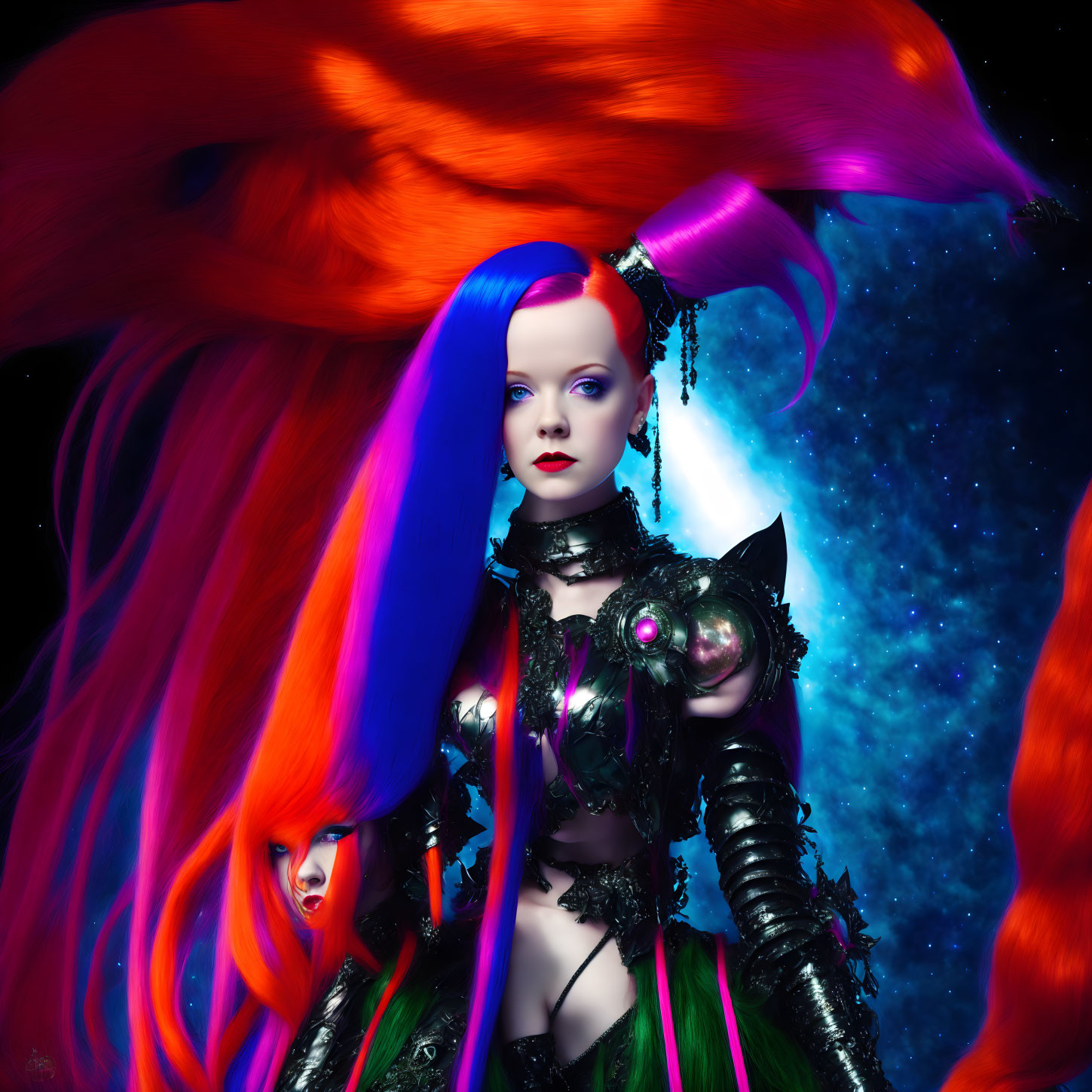 Colorful fantasy character with orange hair in black armor on space backdrop