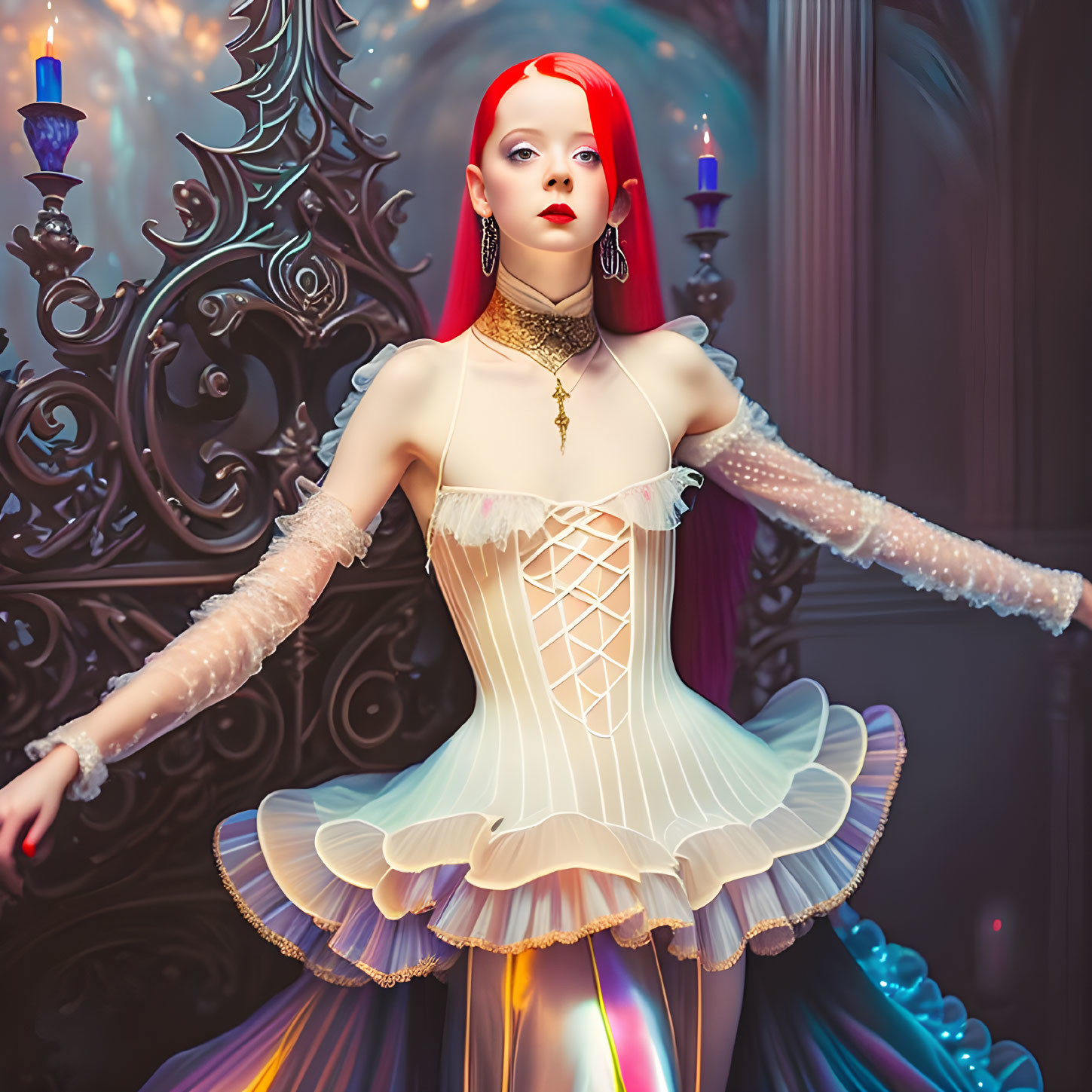 Red-haired person in white corset dress with sheer sleeves and choker on ornate background