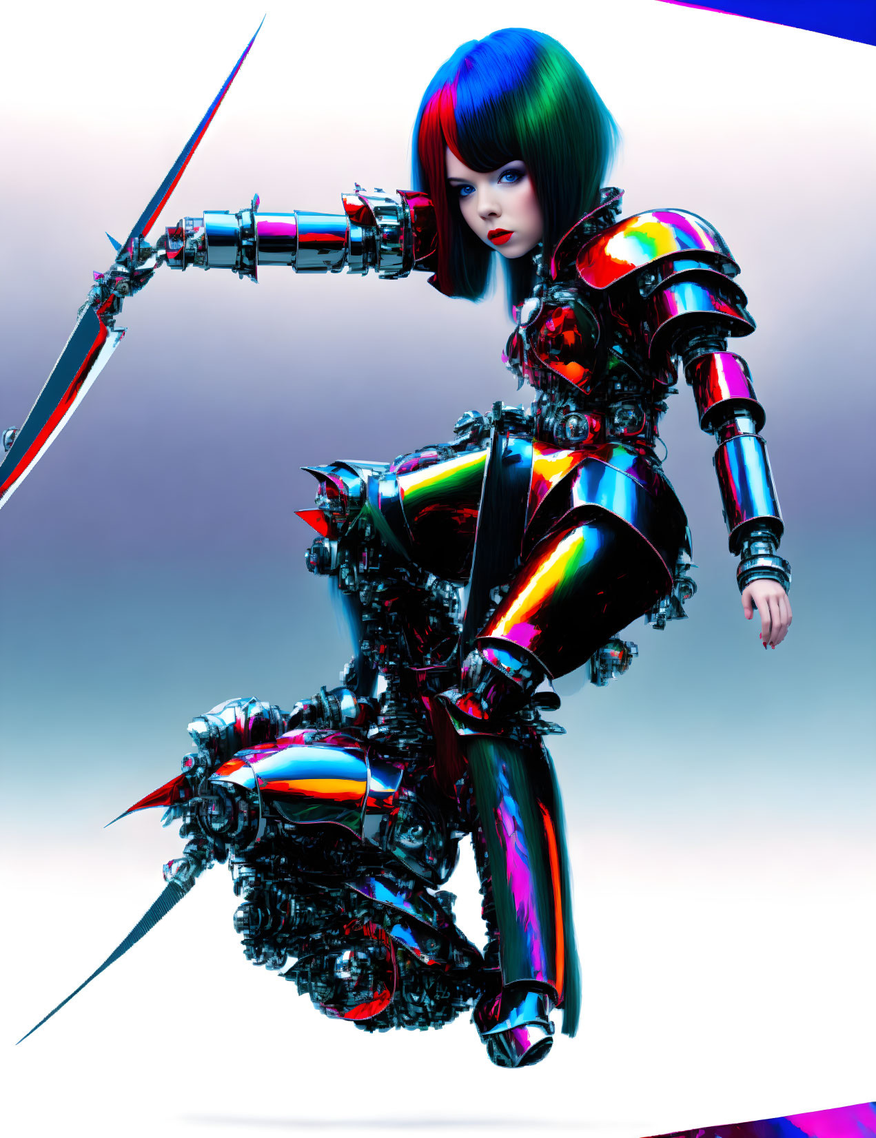 Female Robot in Chromatic Armor with Bladed Weapon on Gradient Background