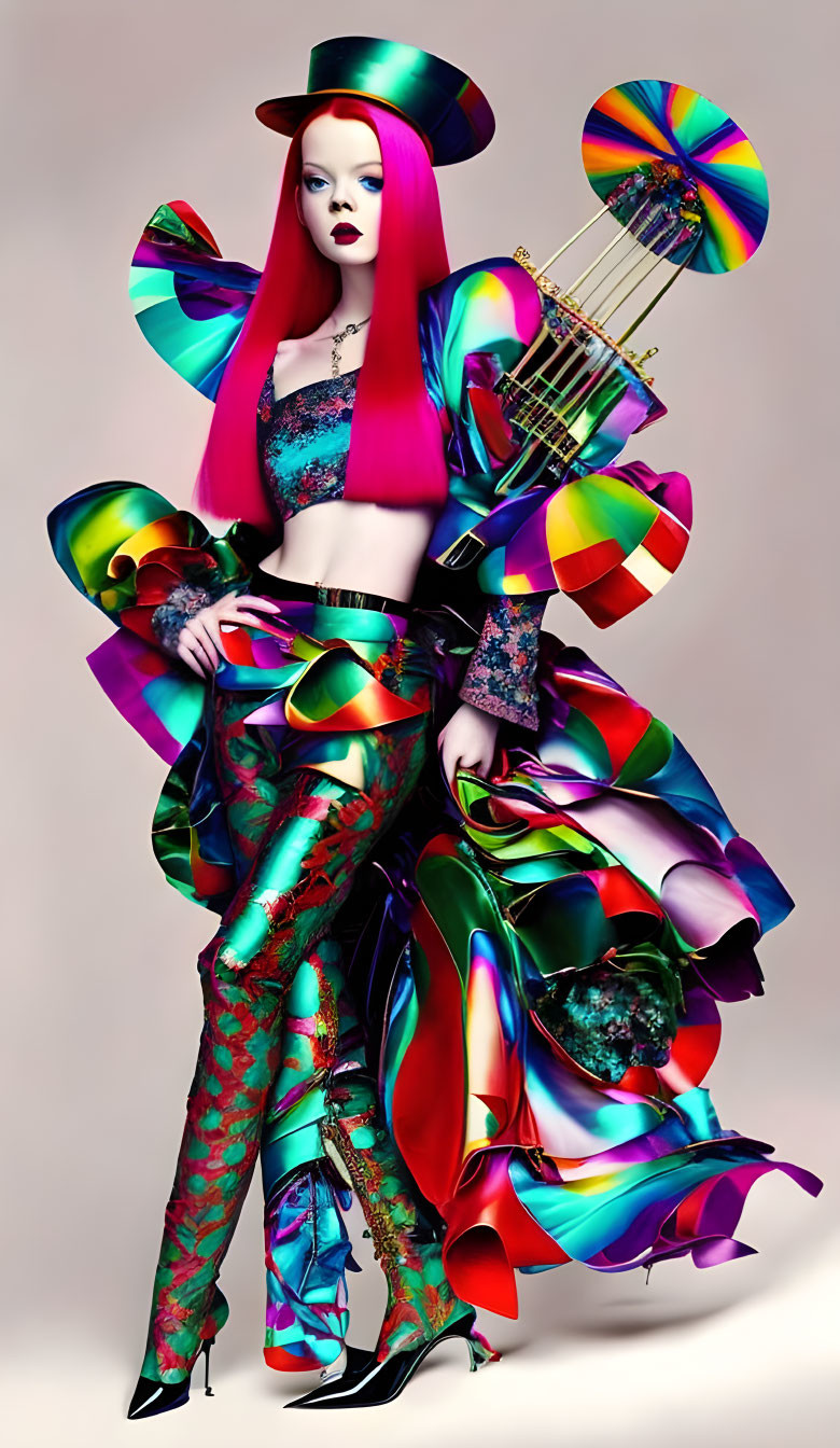 Avant-garde fashion model in iridescent ruffles and patterned leggings