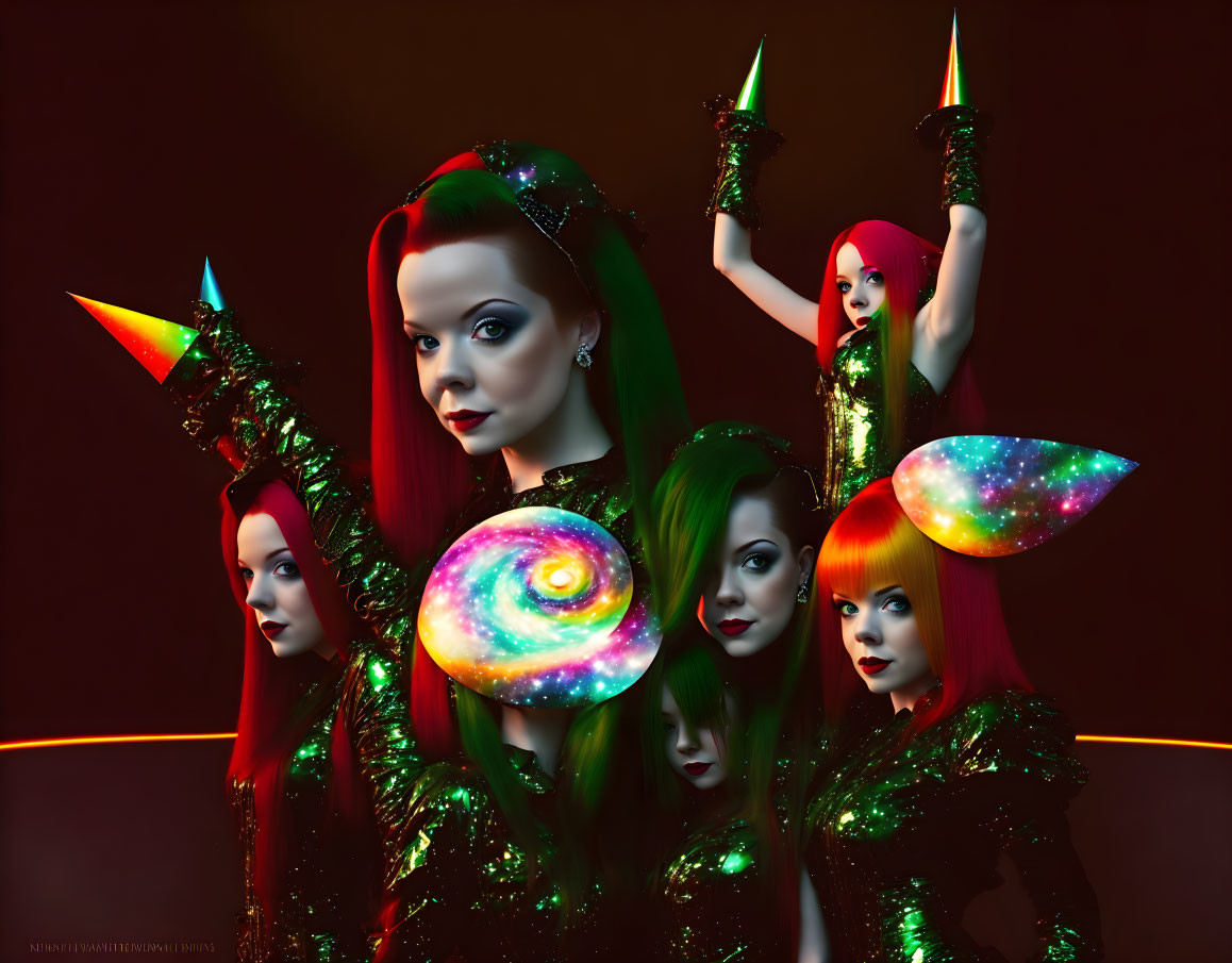 Surreal digital artwork: Group of red-haired women in cosmic attire