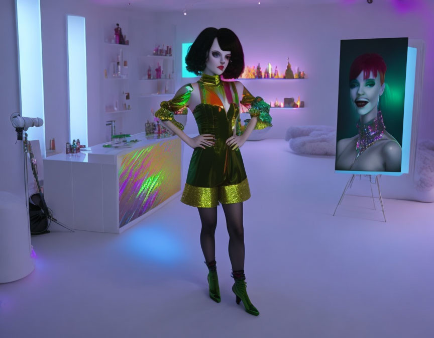 Vibrant green and yellow costume on stylized female figure in neon-lit room