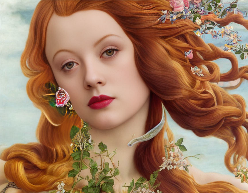 Detailed painting of woman with flowing red hair and floral adornments