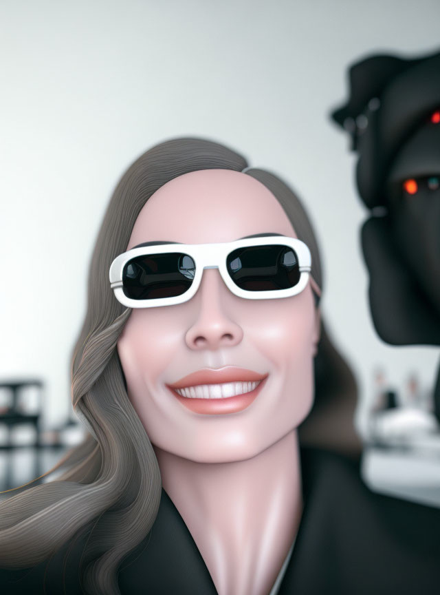 Smiling woman in stylish sunglasses with long hair and blurred robotic figure