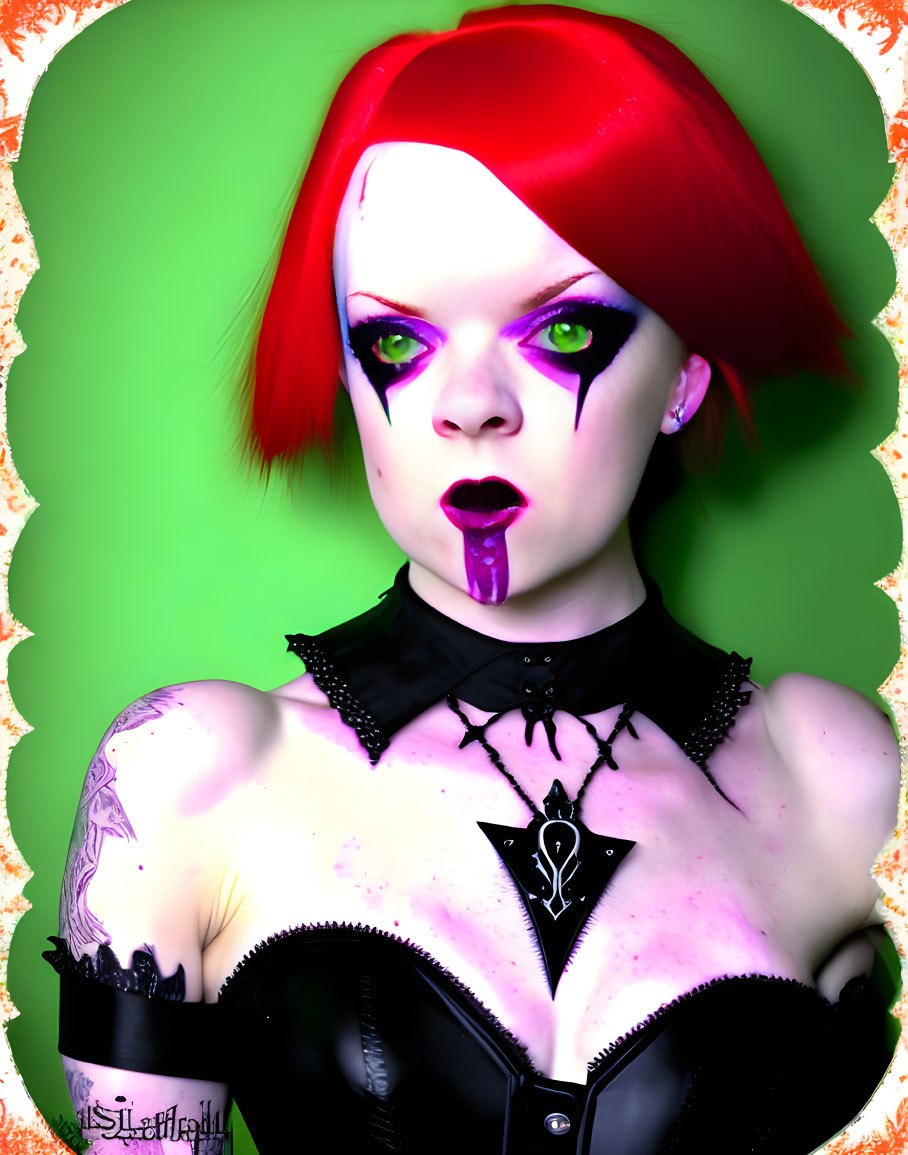 Vibrant red hair, gothic makeup, choker, corset, shoulder tattoo portrait