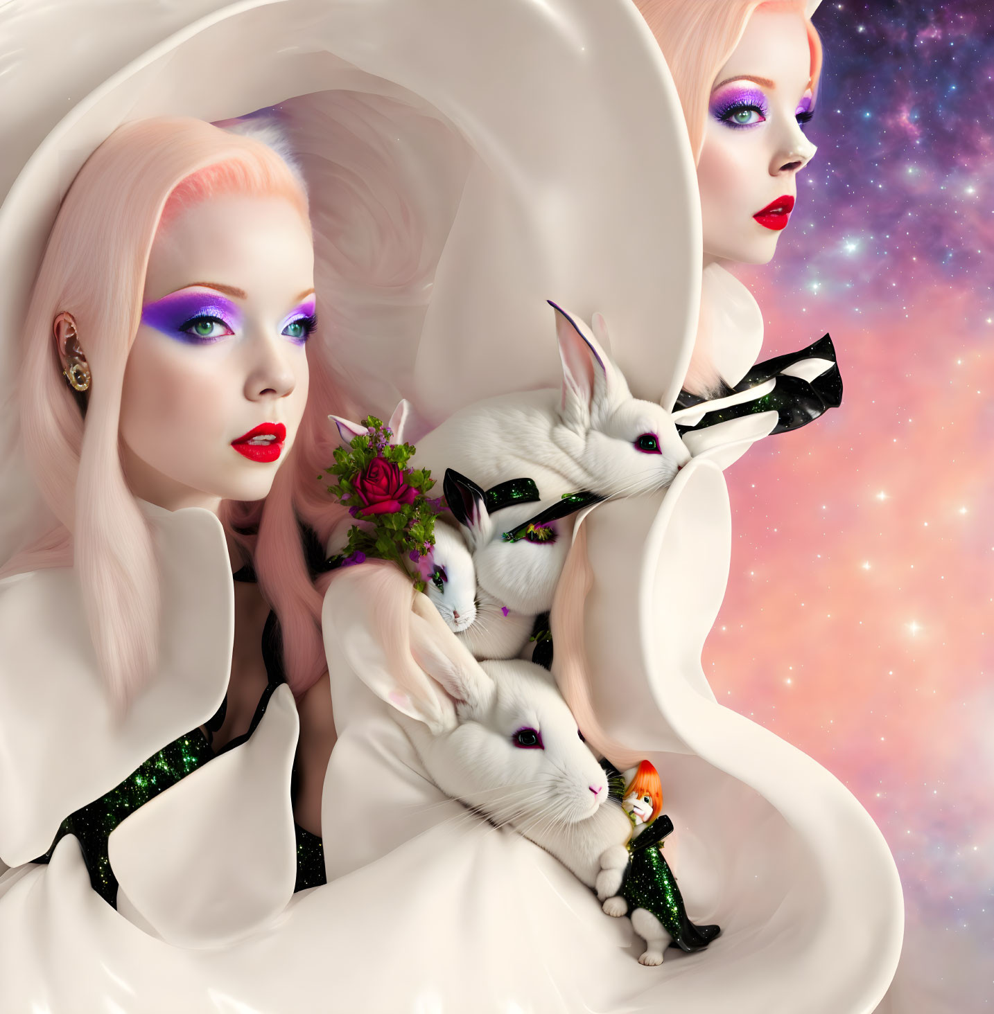 Stylized women with pink hair and white rabbits against cosmic backdrop in futuristic outfits.