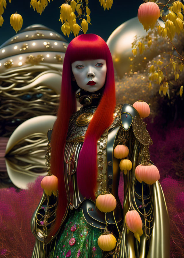 Surreal portrait: Figure with red hair in golden armor in mystical garden