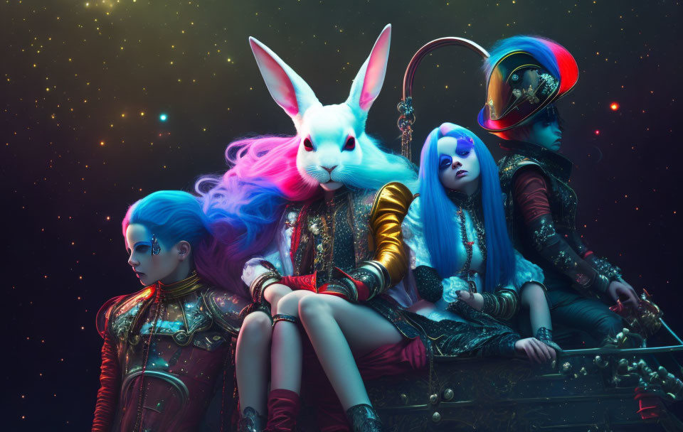 Fantastical white rabbit with three vibrant individuals in futuristic armor