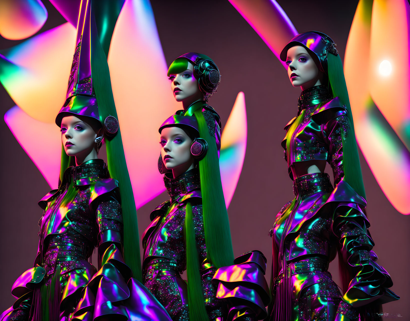 Futuristic female figures in metallic outfits against neon backdrop