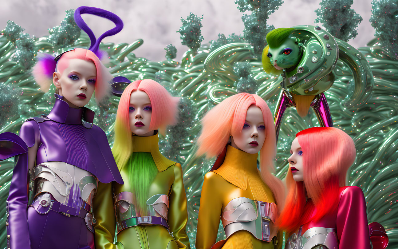 Vibrant futuristic figures with metallic clothing and whimsical backdrop.