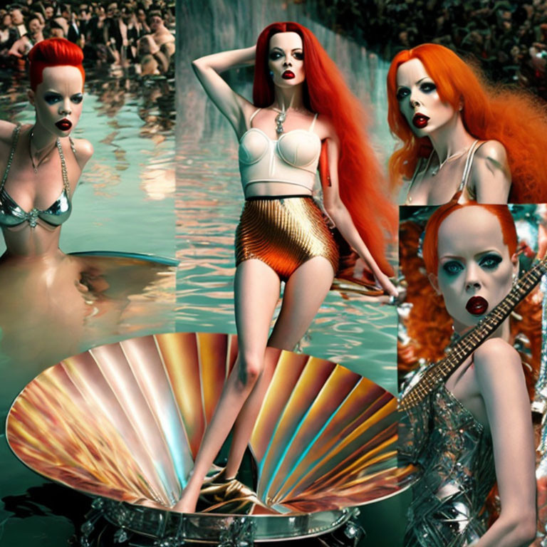 Vibrant Red Hair Female Figure Collage with Avant-Garde Fashion and Aquatic Pearl Elements