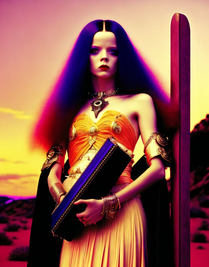 Purple-haired woman in orange dress with golden jewelry holding a book under sunset sky