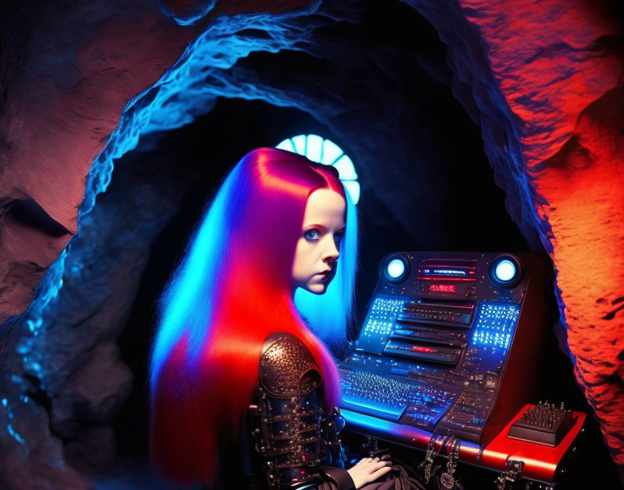 Striking Red-Haired Woman at Electronic Soundboard in Cave Setting