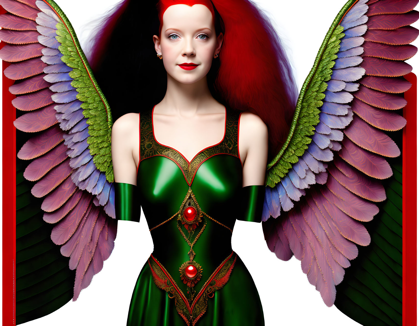 Red-haired woman with multi-colored angel wings in fantasy costume with gemstone details