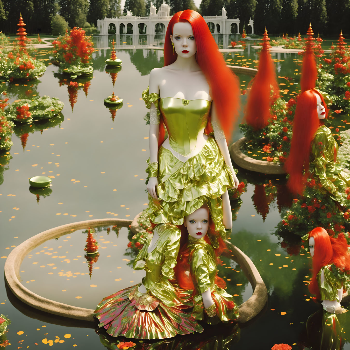 Red-haired female mannequin in green dress surrounded by blurred duplicates in lush garden with fountains and