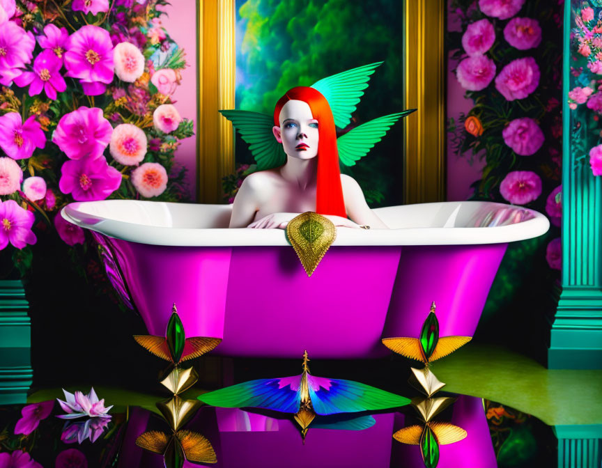Colorful Woman with Red Hair and Wings in Purple Bathtub Amid Vibrant Flowers