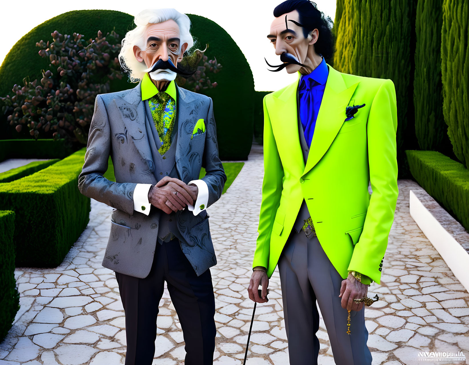 Vibrant suits: Two stylized men in a manicured garden