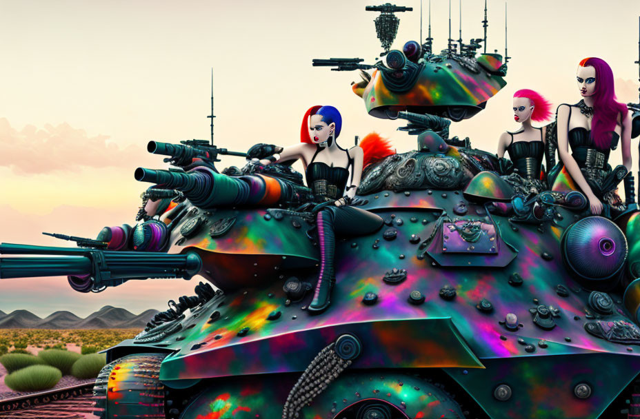 Vibrant desert sunset with stylized female figures on tank