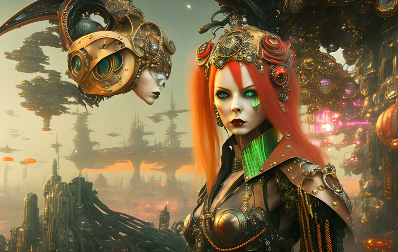 Futuristic female figures with elaborate headgear in dystopian cityscape