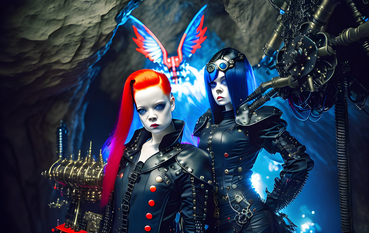 Vibrant-haired individuals in cyberpunk attire with mechanical winged creature in eerie cave