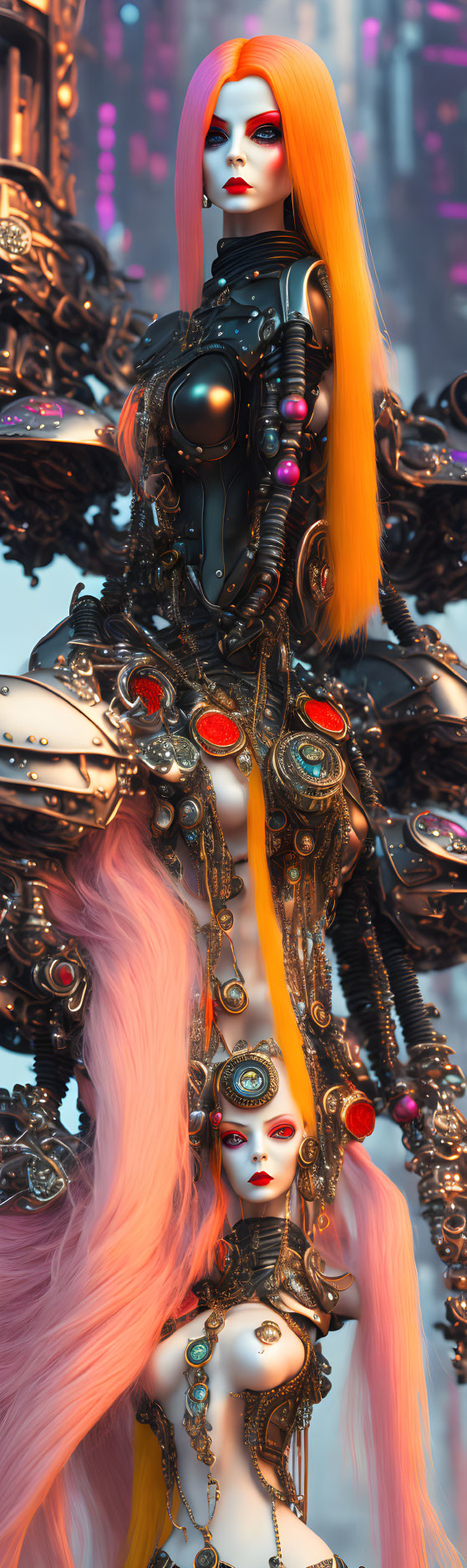 Colorful-haired women in ornate mechanical suits in futuristic cityscape.