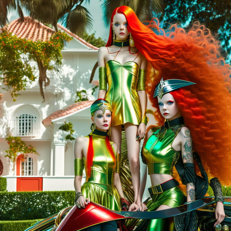 Three futuristic women in metallic outfits with unique hairstyles posing confidently outdoors.