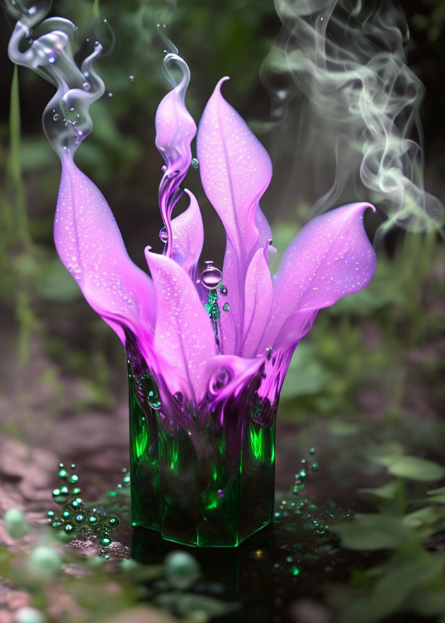 Vivid Purple and Green Fantasy Scene with Ethereal Flower and Smoky Forms