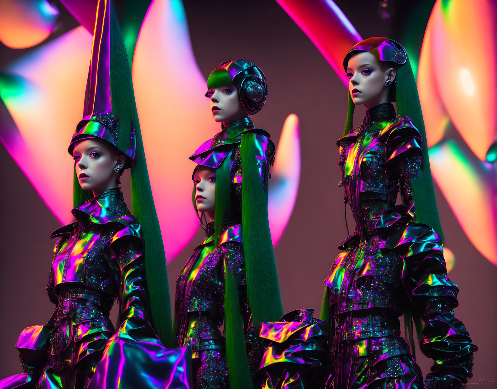 Mannequins in futuristic outfits under colorful light projections