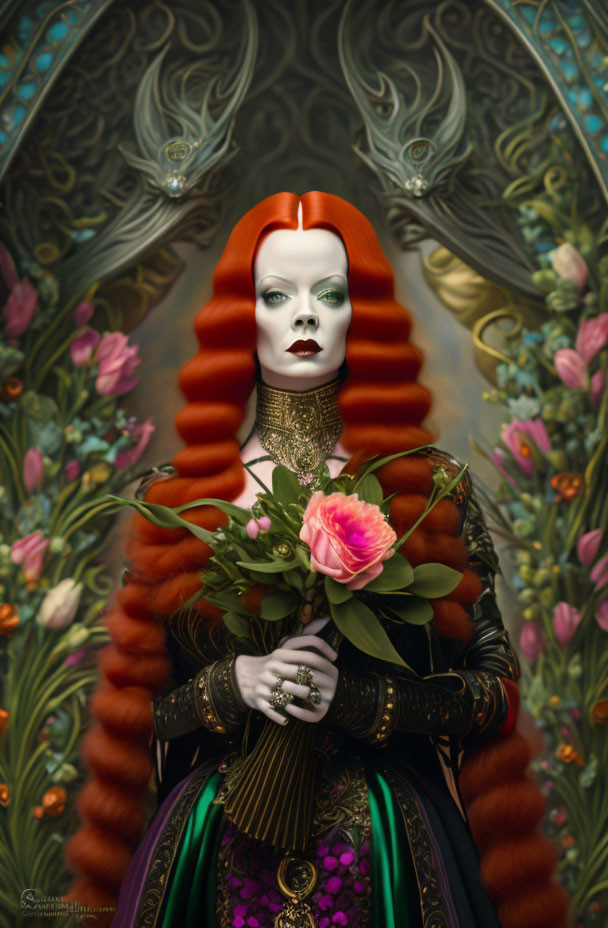 Ethereal woman with red hair in Renaissance-inspired dress and floral setting