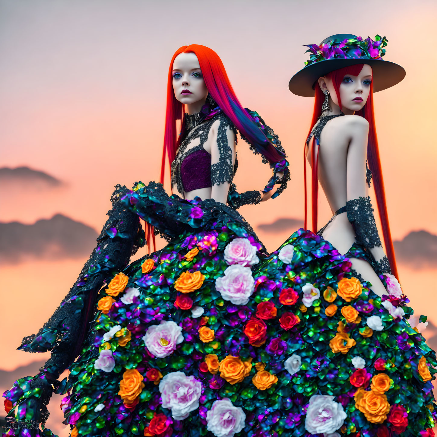 Vibrant red-haired models in floral dresses at sunset