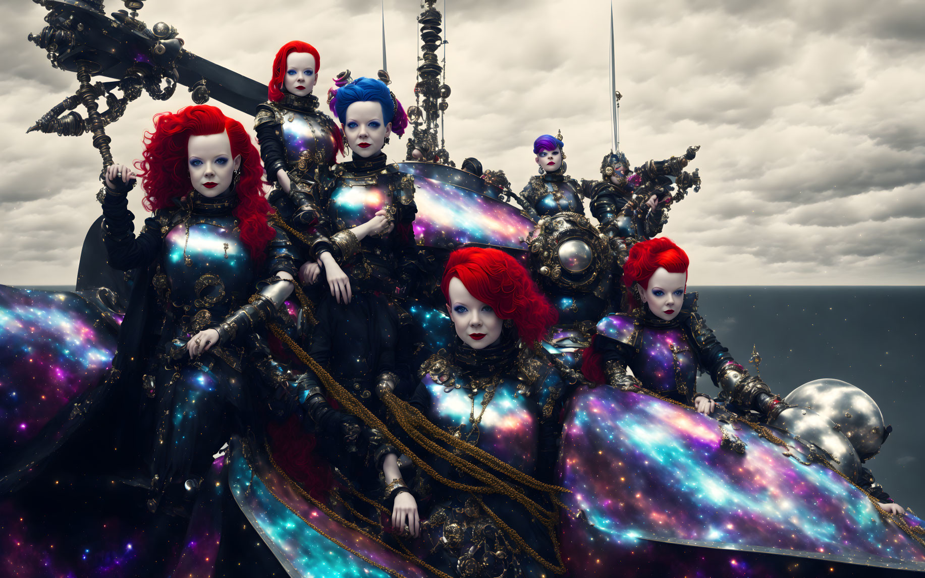 Seven people in space-themed costumes with red and blue wigs against cloudy sky.