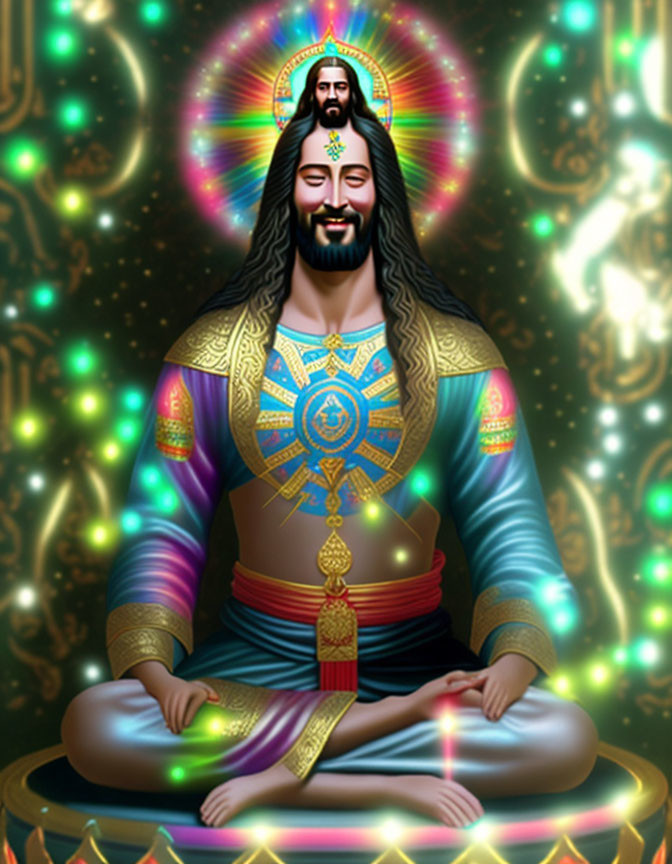 Digital artwork: Person meditating in colorful ornate attire with mystical aura.